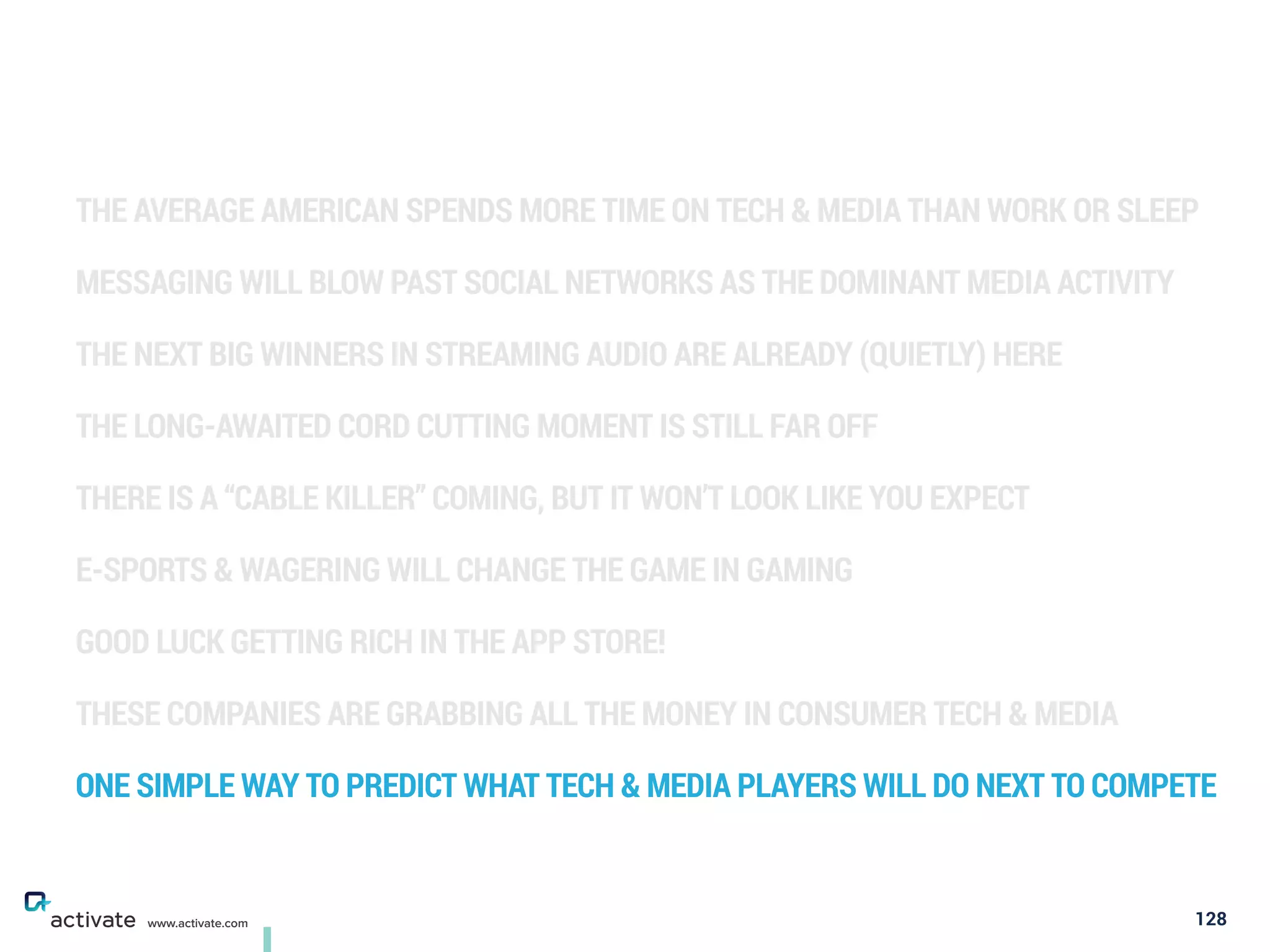 THE AVERAGE AMERICAN SPENDS MORE TIME ON TECH & MEDIA THAN WORK OR SLEEP
MESSAGING WILL BLOW PAST SOCIAL NETWORKS AS THE DOMINANT MEDIA ACTIVITY
THE NEXT BIG WINNERS IN STREAMING AUDIO ARE ALREADY (QUIETLY) HERE
THE LONG-AWAITED CORD CUTTING MOMENT IS STILL FAR OFF
THERE IS A “CABLE KILLER” COMING, BUT IT WON’T LOOK LIKE YOU EXPECT
E-SPORTS & WAGERING WILL CHANGE THE GAME IN GAMING
GOOD LUCK GETTING RICH IN THE APP STORE!
THESE COMPANIES ARE GRABBING ALL THE MONEY IN CONSUMER TECH & MEDIA
ONE SIMPLE WAY TO PREDICT WHAT TECH & MEDIA PLAYERS WILL DO NEXT TO COMPETE
128www.activate.com
 