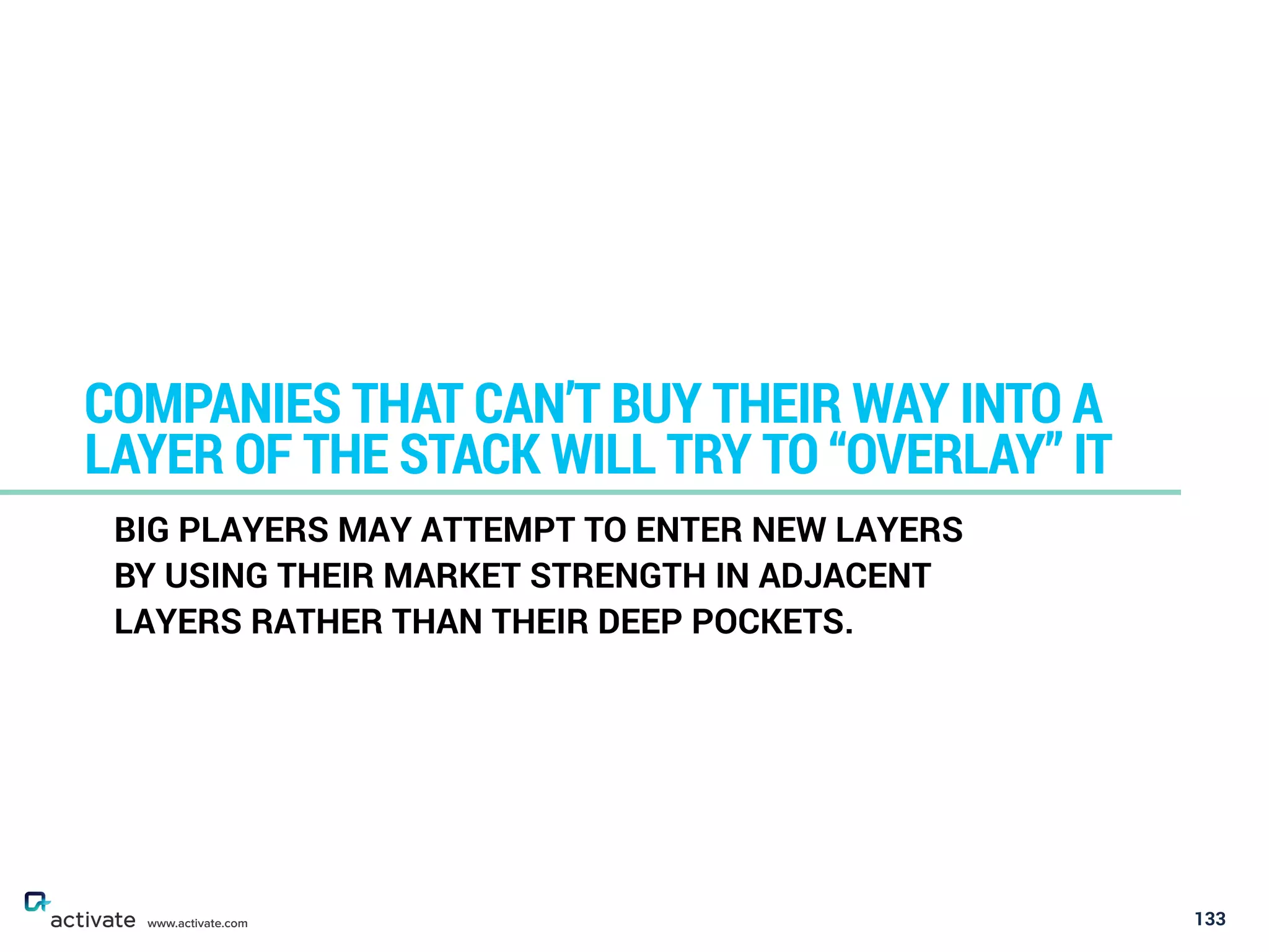 133
COMPANIES THAT CAN’T BUY THEIR WAY INTO A
LAYER OF THE STACK WILL TRY TO “OVERLAY” IT
www.activate.com
BIG PLAYERS MAY ATTEMPT TO ENTER NEW LAYERS
BY USING THEIR MARKET STRENGTH IN ADJACENT
LAYERS RATHER THAN THEIR DEEP POCKETS.
 
