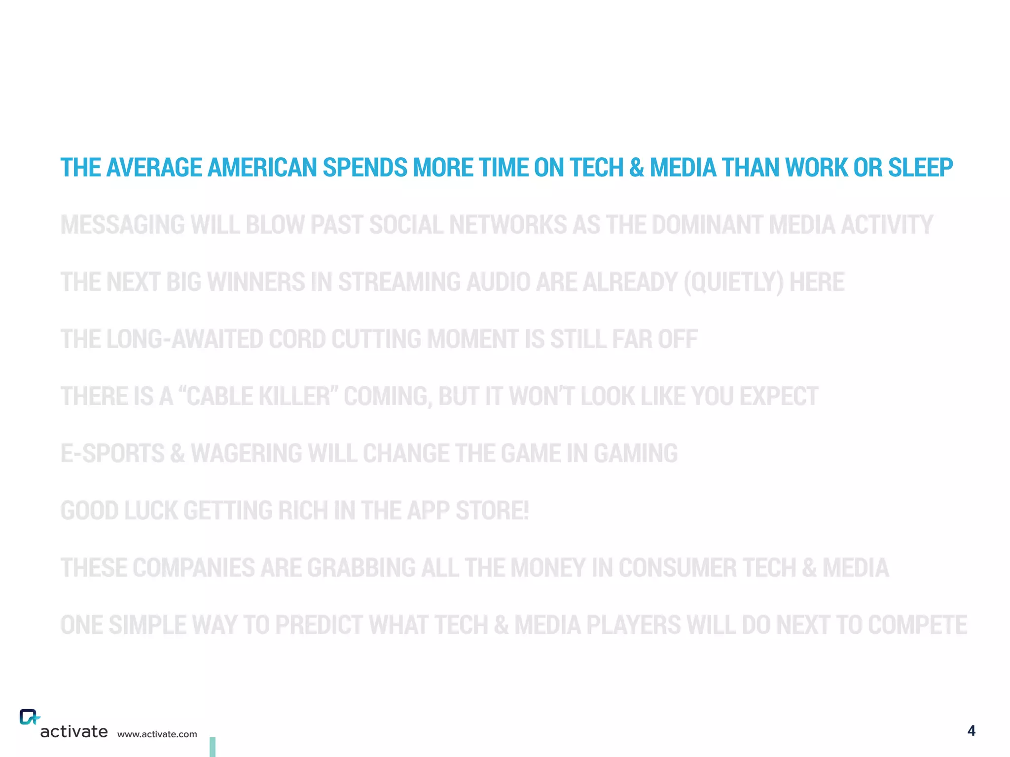 THE AVERAGE AMERICAN SPENDS MORE TIME ON TECH & MEDIA THAN WORK OR SLEEP
MESSAGING WILL BLOW PAST SOCIAL NETWORKS AS THE DOMINANT MEDIA ACTIVITY
THE NEXT BIG WINNERS IN STREAMING AUDIO ARE ALREADY (QUIETLY) HERE
THE LONG-AWAITED CORD CUTTING MOMENT IS STILL FAR OFF
THERE IS A “CABLE KILLER” COMING, BUT IT WON’T LOOK LIKE YOU EXPECT
E-SPORTS & WAGERING WILL CHANGE THE GAME IN GAMING
GOOD LUCK GETTING RICH IN THE APP STORE!
THESE COMPANIES ARE GRABBING ALL THE MONEY IN CONSUMER TECH & MEDIA
ONE SIMPLE WAY TO PREDICT WHAT TECH & MEDIA PLAYERS WILL DO NEXT TO COMPETE
4www.activate.com
 