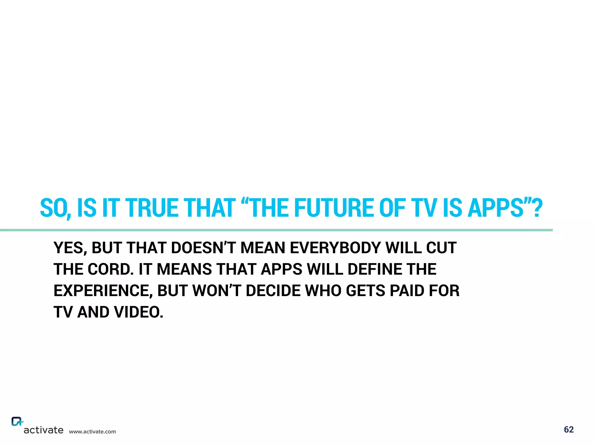 62
SO, IS IT TRUE THAT “THE FUTURE OF TV IS APPS”?
www.activate.com
YES, BUT THAT DOESN’T MEAN EVERYBODY WILL CUT
THE CORD. IT MEANS THAT APPS WILL DEFINE THE
EXPERIENCE, BUT WON’T DECIDE WHO GETS PAID FOR
TV AND VIDEO.
 