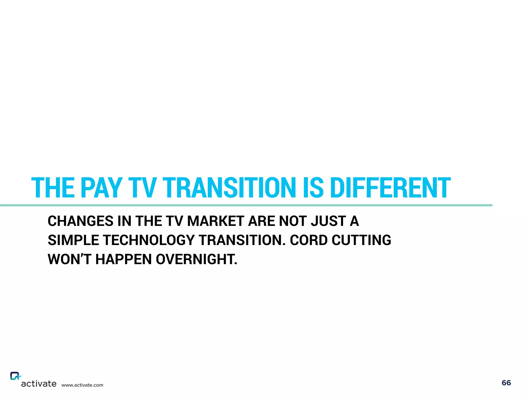 66
THE PAY TV TRANSITION IS DIFFERENT
www.activate.com
CHANGES IN THE TV MARKET ARE NOT JUST A
SIMPLE TECHNOLOGY TRANSITION. CORD CUTTING
WON’T HAPPEN OVERNIGHT.
 