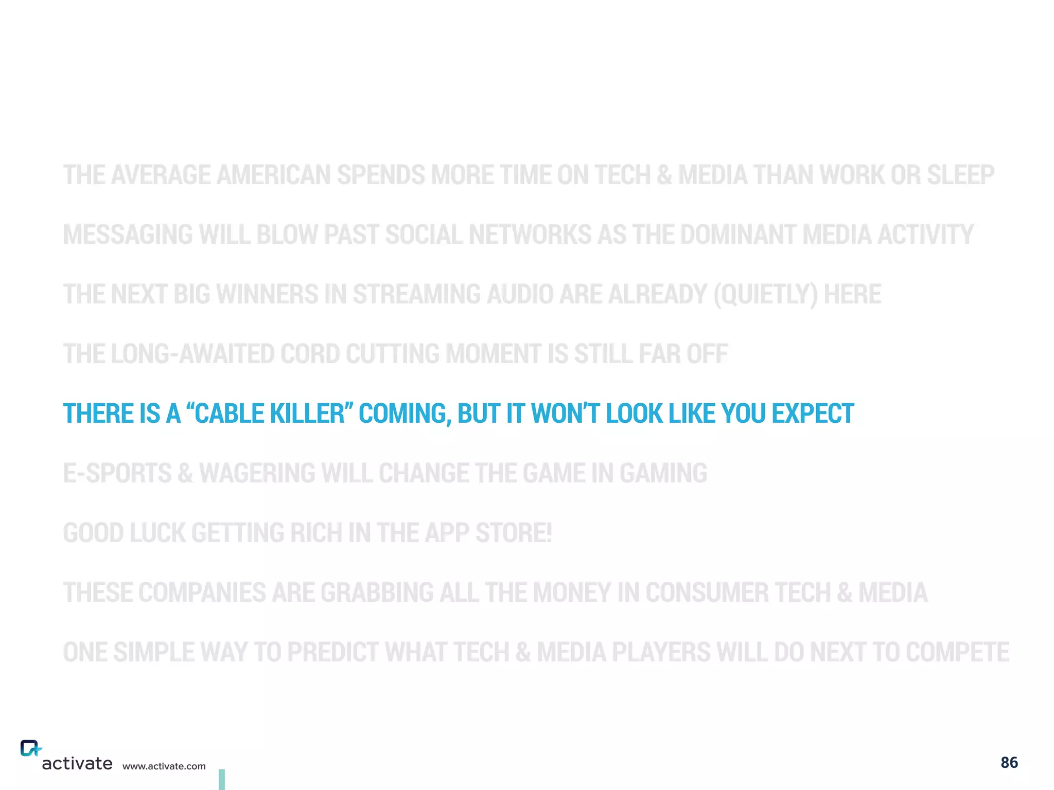 THE AVERAGE AMERICAN SPENDS MORE TIME ON TECH & MEDIA THAN WORK OR SLEEP
MESSAGING WILL BLOW PAST SOCIAL NETWORKS AS THE DOMINANT MEDIA ACTIVITY
THE NEXT BIG WINNERS IN STREAMING AUDIO ARE ALREADY (QUIETLY) HERE
THE LONG-AWAITED CORD CUTTING MOMENT IS STILL FAR OFF
THERE IS A “CABLE KILLER” COMING, BUT IT WON’T LOOK LIKE YOU EXPECT
E-SPORTS & WAGERING WILL CHANGE THE GAME IN GAMING
GOOD LUCK GETTING RICH IN THE APP STORE!
THESE COMPANIES ARE GRABBING ALL THE MONEY IN CONSUMER TECH & MEDIA
ONE SIMPLE WAY TO PREDICT WHAT TECH & MEDIA PLAYERS WILL DO NEXT TO COMPETE
86www.activate.com
 