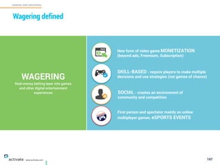 107
GAMING AND WAGERING
C
www.activate.com
WAGERING
Real-money betting layer into games
and other digital entertainment
experiences
New form of video game MONETIZATION  
(beyond ads, Freemium, Subscription)
SKILL-BASED - require players to make multiple  
decisions and use strategies (not games of chance)
SOCIAL - creates an environment of  
community and competition
First person and spectator mainly on online
multiplayer games, eSPORTS EVENTS
Wagering defined
 