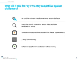 What will it take for Pay TV to stay competitive against
challengers?
85
CORD CUTTING
X
C
www.activate.com
An intuitive and user-friendly experience across platforms
Integrated search capabilities across video providers,  
regardless of source
Smarter discovery capability, modernizing the set top experience
A deep content library
Enhanced tools for time-shifted and offline viewing
 