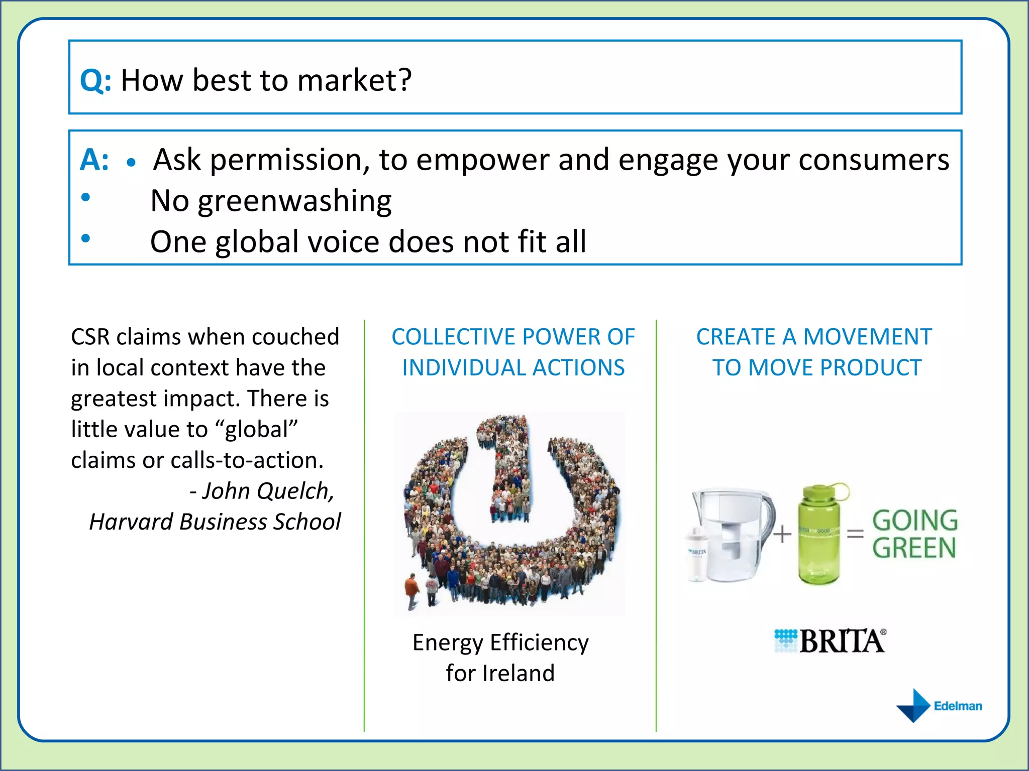 A:  •   Ask permission, to empower and engage your consumers  No greenwashing One global voice does not fit all Q:  How best to market? COLLECTIVE POWER OF INDIVIDUAL ACTIONS CREATE A MOVEMENT  TO MOVE PRODUCT CSR claims when couched in local context have the greatest impact. There is little value to “global” claims or calls-to-action. - John Quelch,  Harvard Business School Energy Efficiency for Ireland 