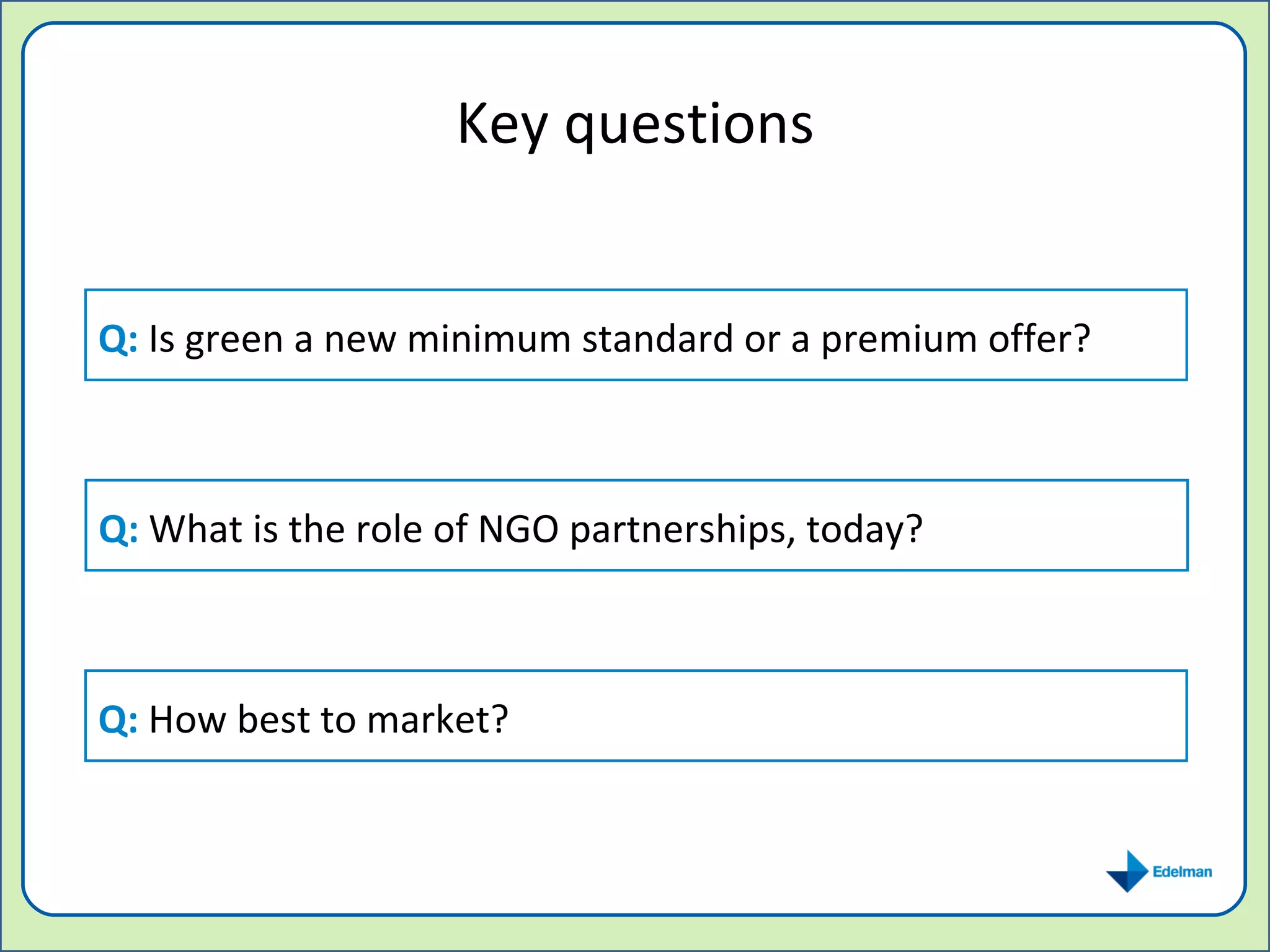 Key questions Q:  Is green a new minimum standard or a premium offer?  Q:  What is the role of NGO partnerships, today? Q:  How best to market? 