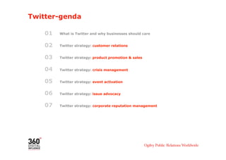 Twitter-genda

    01   What is Twitter and why businesses should care


    02   Twitter strategy: customer relations


    03   Twitter strategy: product promotion & sales


    04   Twitter strategy: crisis management


    05   Twitter strategy: event activation


    06   Twitter strategy: issue advocacy


    07   Twitter strategy: corporate reputation management
 