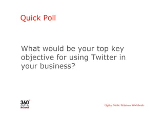 Quick Poll



What would be your top key
objective for using Twitter in
your business?
 