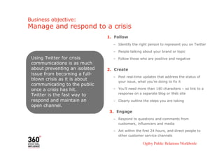 Business objective:
Manage and respond to a crisis
                                1.  Follow
                                   –  Identify the right person to represent you on Twitter

                                   –  People talking about your brand or topic

 Using Twitter for crisis          –  Follow those who are positive and negative
 communications is as much
 about preventing an isolated   2.  Create
 issue from becoming a full-
                                   –  Post real-time updates that address the status of
 blown crisis as it is about
                                      your issue, what you’re doing to fix it
 communicating to the public
 once a crisis has hit.            –  You’ll need more than 140 characters – so link to a
 Twitter is the fast way to           response on a separate blog or Web site

 respond and maintain an           –  Clearly outline the steps you are taking
 open channel.
                                 3.  Engage
                                   –  Respond to questions and comments from
                                      customers, influencers and media

                                   –  Act within the first 24 hours, and direct people to
                                      other customer service channels
 