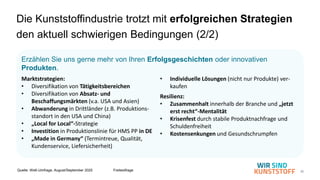 36
Die Kunststoffindustrie trotzt mit erfolgreichen Strategien
den aktuell schwierigen Bedingungen (2/2)
Quelle: WsK-Umfrage, August/September 2025 Freitextfrage
• Individuelle Lösungen (nicht nur Produkte) ver-
kaufen
Resilienz:
• Zusammenhalt innerhalb der Branche und „jetzt
erst recht“-Mentalität
• Krisenfest durch stabile Produktnachfrage und
Schuldenfreiheit
• Kostensenkungen und Gesundschrumpfen
Marktstrategien:
• Diversifikation von Tätigkeitsbereichen
• Diversifikation von Absatz- und
Beschaffungsmärkten (v.a. USA und Asien)
• Abwanderung in Drittländer (z.B. Produktions-
standort in den USA und China)
• „Local for Local“-Strategie
• Investition in Produktionslinie für HMS PP in DE
• „Made in Germany“ (Termintreue, Qualität,
Kundenservice, Liefersicherheit)
Erzählen Sie uns gerne mehr von Ihren Erfolgsgeschichten oder innovativen
Produkten.
 