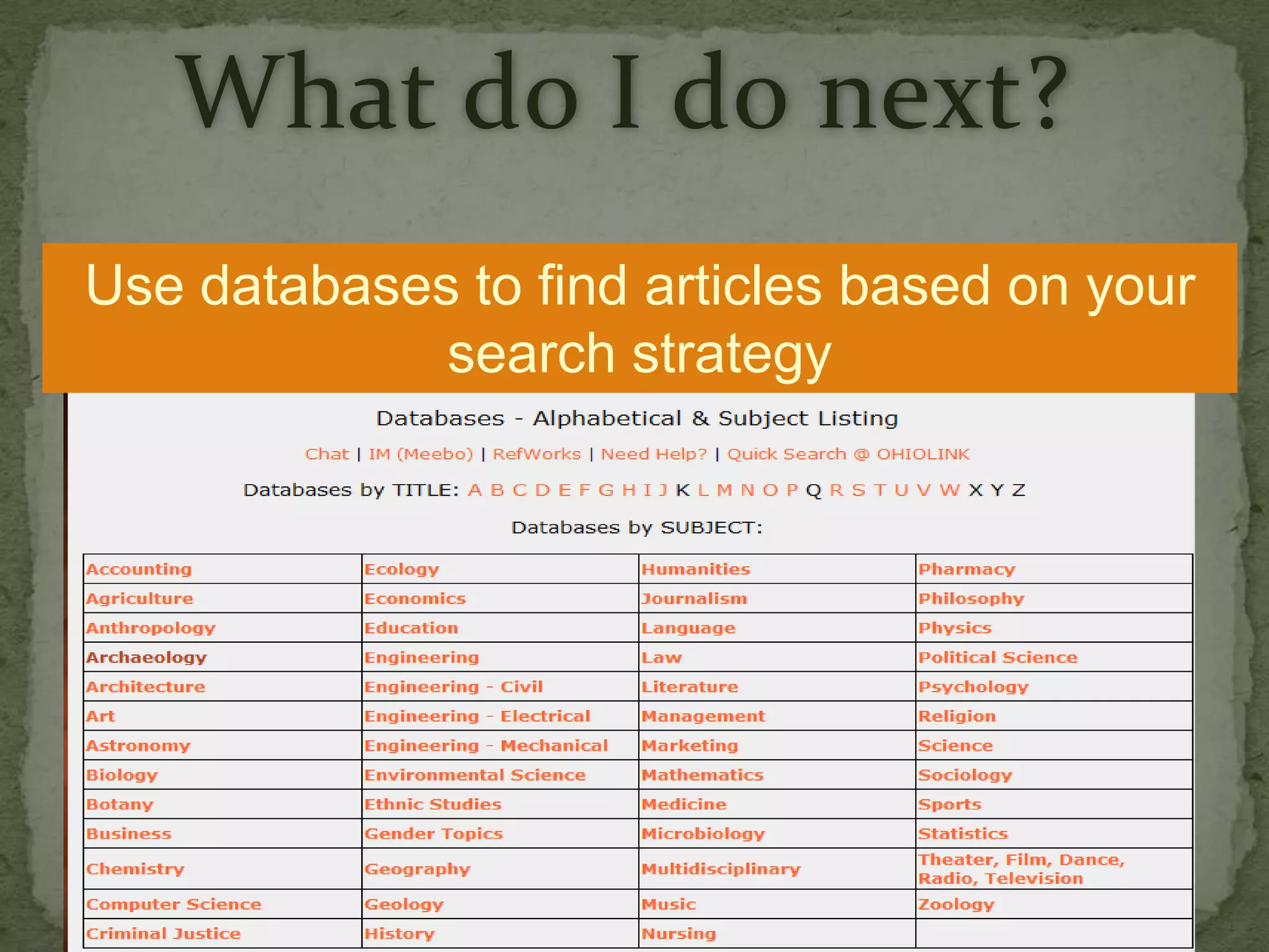 What do I do next?
Use databases to find articles based on your
             search strategy
 