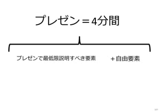 プレゼン＝4分間
プレゼンで最低限説明すべき要素 ＋自由要素
107
 