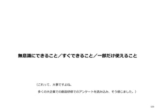 無意識にできること／すぐできること／⼀部だけ使えること
（これって、大事ですよね。
多くの大企業での創造研修でのアンケートを読み込み、そう感じました。）
123
 