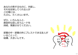 あなたの発するものに、共振し、
それを反射してくれる人が
この場には、
たぶん、たくさんいます。
ぜひ、いろんな人と、
創造的な話し合うムードを
持続、発展させてください。
部署の中・部署の外にブレストできる友人が
いることって、
結構、大きいんです。
134
 