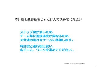 時計役と進⾏役をじゃんけんで決めてください
ステップ数が多いため、
チーム毎に進捗速度が異なるため、
30分強の進⾏をチームに移譲します。
時計役と進⾏役に従い、
各チーム、ワークを進めてください 。
（その前にミニレクチャーを20分ほど）
77
 