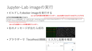 Jupyter-Lab imageの実行
• ビルドしたdocker imageを実行する
• 右のメッセージが出たら成功
• ブラウザーで「localhost:8888」と入力し起動を確認
以下の{}内を各自書き換えてコピペ
$ docker...