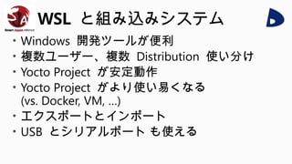 WSL と組み込みシステム
• Windows 開発ツールが便利
• 複数ユーザー、複数 Distribution 使い分け
• Yocto Project が安定動作
• Yocto Project がより使い易くなる
(vs. Docker, VM, …)
• エクスポートとインポート
• USB とシリアルポート も使える
 