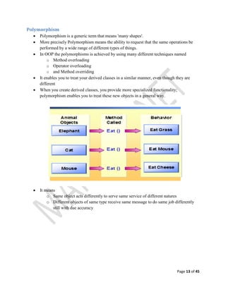 Page 13 of 45
Polymorphism
 Polymorphism is a generic term that means 'many shapes'.
 More precisely Polymorphism means the ability to request that the same operations be
performed by a wide range of different types of things.
 In OOP the polymorphisms is achieved by using many different techniques named
o Method overloading
o Operator overloading
o and Method overriding
 It enables you to treat your derived classes in a similar manner, even though they are
different
 When you create derived classes, you provide more specialized functionality;
polymorphism enables you to treat these new objects in a general way.
 It means
o Same object acts differently to serve same service of different natures
o Different objects of same type receive same message to do same job differently
still with due accuracy
 