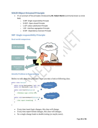Page 24 of 45
SOLID Object Oriented Principle
 It’s an acronym of five principles introduced by Mr. Robert Martin (commonly known as Uncle
Bob)
o S-SRP -Single responsibility Principle
o O-OCP - Open-closed Principle
o L-LSP -Liskov substitution Principle
o I-ISP - Interface segregation Principle
o D-DIP - Dependency inversion Principle
SRP -Single responsibility Principle
Real world comparison
Identify Problem in Programming
Before we talk about this principle I want you take a look at following class.
 Every time insert logic changes, this class will change.
 Every time report format changes, this class will changes.
 So a single change leads to double testing (or maybe more).
 