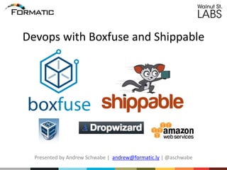 Devops with Boxfuse and Shippable
Presented by Andrew Schwabe | andrew@formatic.ly | @aschwabe
 