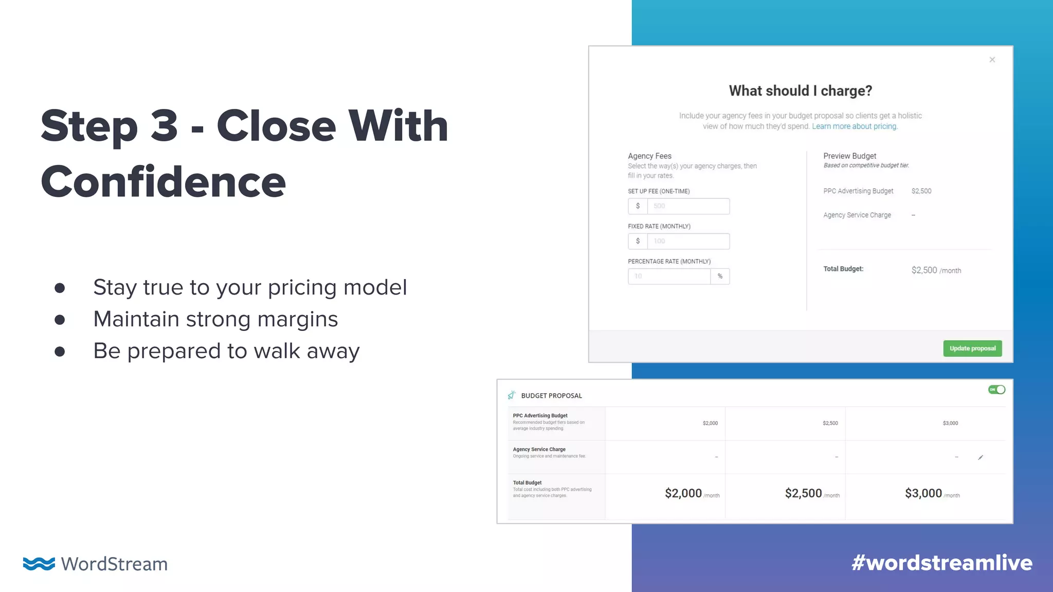 #wordstreamlive
Step 3 - Close With
Conﬁdence
● Stay true to your pricing model
● Maintain strong margins
● Be prepared to walk away
 