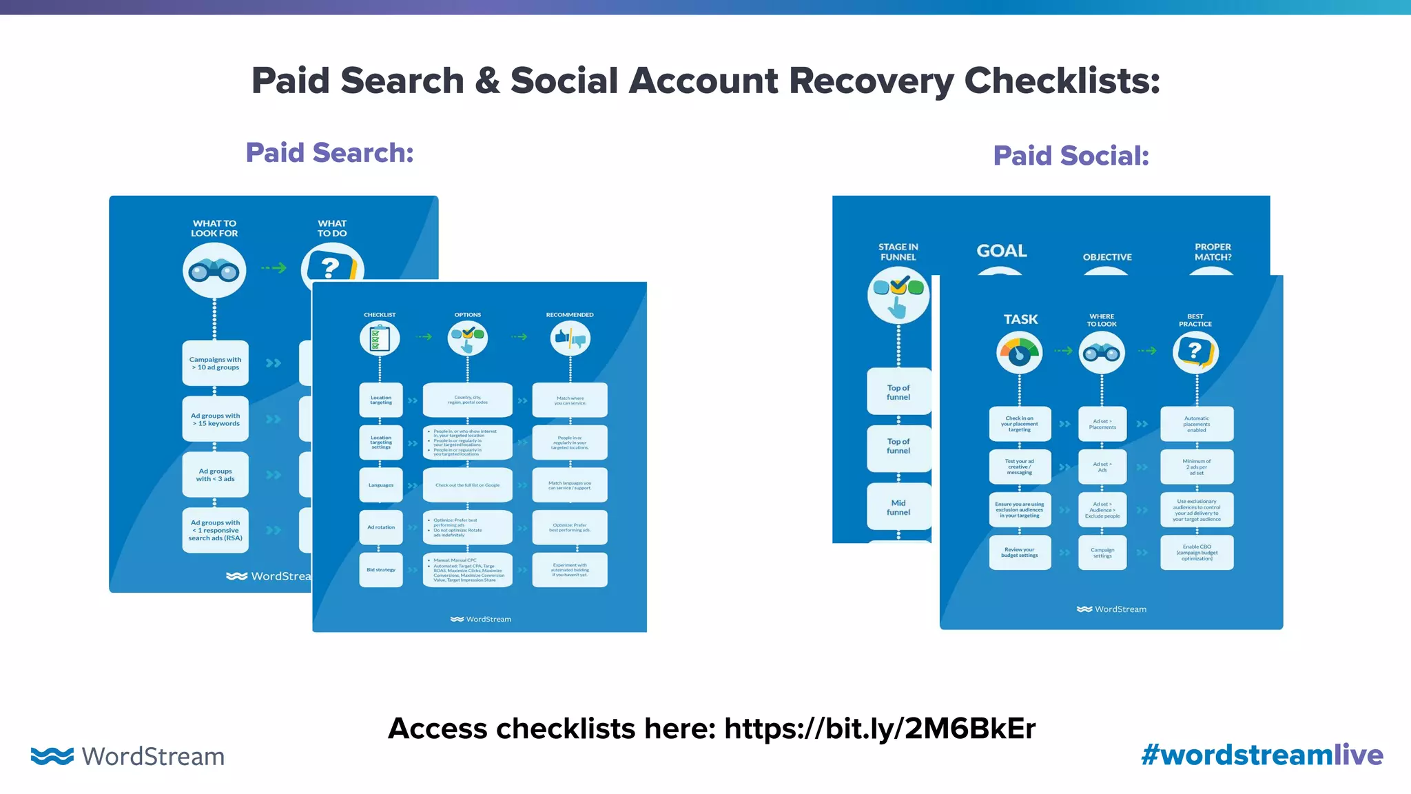 #wordstreamlive
Paid Search: Paid Social:
Paid Search & Social Account Recovery Checklists:
Access checklists here: https://bit.ly/2M6BkEr
 