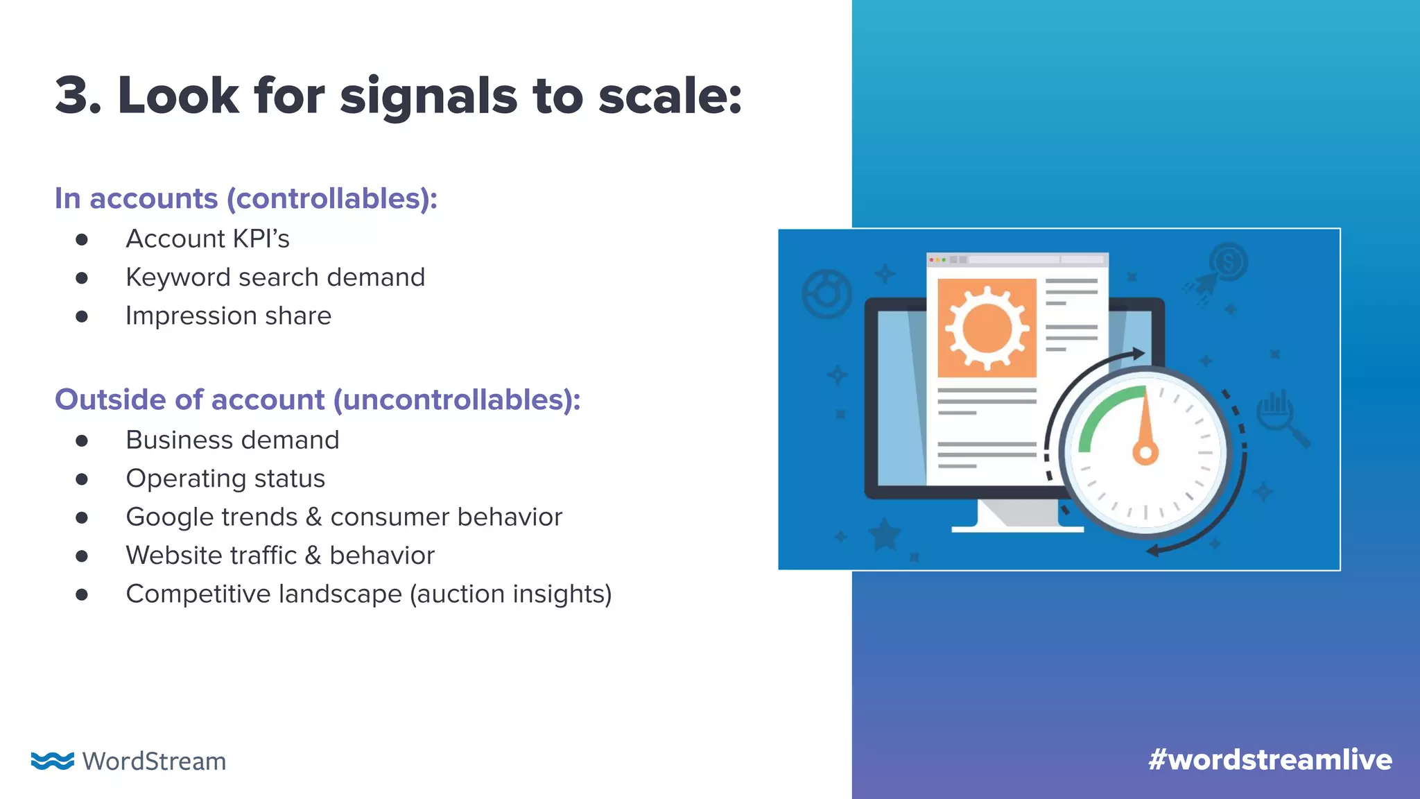 #wordstreamlive
3. Look for signals to scale:
In accounts (controllables):
● Account KPI’s
● Keyword search demand
● Impression share
Outside of account (uncontrollables):
● Business demand
● Operating status
● Google trends & consumer behavior
● Website traﬃc & behavior
● Competitive landscape (auction insights)
 