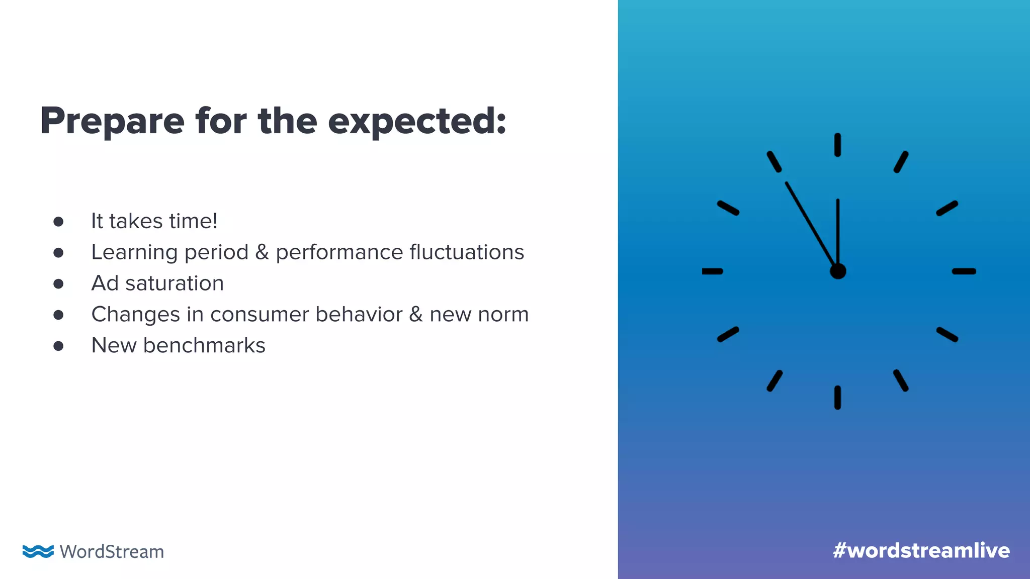 #wordstreamlive
Prepare for the expected:
● It takes time!
● Learning period & performance ﬂuctuations
● Ad saturation
● Changes in consumer behavior & new norm
● New benchmarks
 