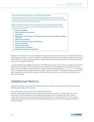 Websense Security Labs
                                                                                        State of Internet Security, Q3 - Q4, 2008




Top	10	Web	Attack	Vectors	in	Second	Half	of	2008:	
As Internet users increase, the Web attack vector continues to grow. Web servers are increasingly
compromised through persistent cross-site scripting (XSS) and SQL injection as well as DNS cache-
poisoning	attacks.	The	Web	Application	Security	Consortium	reports	that	97	percent	of	sites	it	studied	
continue to be plagued with significant vulnerabilities.

Below are the top ten Web attack vectors over the last six months. Browser vulnerabilities, SQL
injection attacks and the increase of social networking vulnerabilities rounded out the top three
vectors. This list remains relatively consistent with the previous top-ten Web attack vector list cited
during the first half of 2008.
    1.   Browser vulnerabilities
    2.   Rogue antivirus/social engineering
    3.   SQL injection
    4. Malicious Web 2.0 components (e.g. Facebook applications, third-party widgets and gadgets,
       banner ads)
    5.   Adobe Flash vulnerabilities
    6. DNS Cache Poisoning and DNS Zone file hijacking
    7.   ActiveX vulnerabilities
    8.   RealPlayer vulnerabilities
    9. Apple QuickTime vulnerabilities
    10. Adobe Acrobat Reader PDF vulnerabilities




Browser	vulnerabilities	continued	to	plague	unsuspecting	users.	Opera	version	9.5.1	enabled	attackers	to	
steal	arbitrary	samples	of	data	in	memory	from	desktops	through	specially	crafted	JavaScript	code	while	
vulnerabilities in Firefox provided attackers additional opportunities for spoofing by exploiting alternate
names on self-signed certificates.

In	August	2008,	Digg,	MSNBC,	Newsweek,	and	MSN	Norway	were	hit	by	a	series	of	malicious	third-party	
banner ads, which led visitors to rogue security software sites and hijacked the clipboards of visitors.
One of the vulnerabilities exploited was an integer overflow in Adobe Flash (CVE-2007-0071). That same
month,	Websense	Security	Labs	discovered	that	a	major	Chinese	ISP,	China	Netcom	(CNC),	had	its	DNS	
cache poisoned. Unsuspecting customers were redirected to a malicious site when the hostname in a
URL was mistyped.




Additional	Metrics
Websense Security Labs tracks the following metrics to identify details about Web and email-based
attacks against data and businesses.

Gone Phishing: Top Countries Hosting Phishing Sites
Despite	a	decrease	in	phishing	emails,	Websense	did	see	an	increase	in	“money	mule”	and	“work	
from	home”	scams	designed	to	extract	banking	information	from	unsuspecting	victims.	These	
scams lured users by email to provide account information via a compromised site. The line graph
below demonstrates the top countries hosting phishing sites by month, with the highest number of
phishing attacks.




8
 