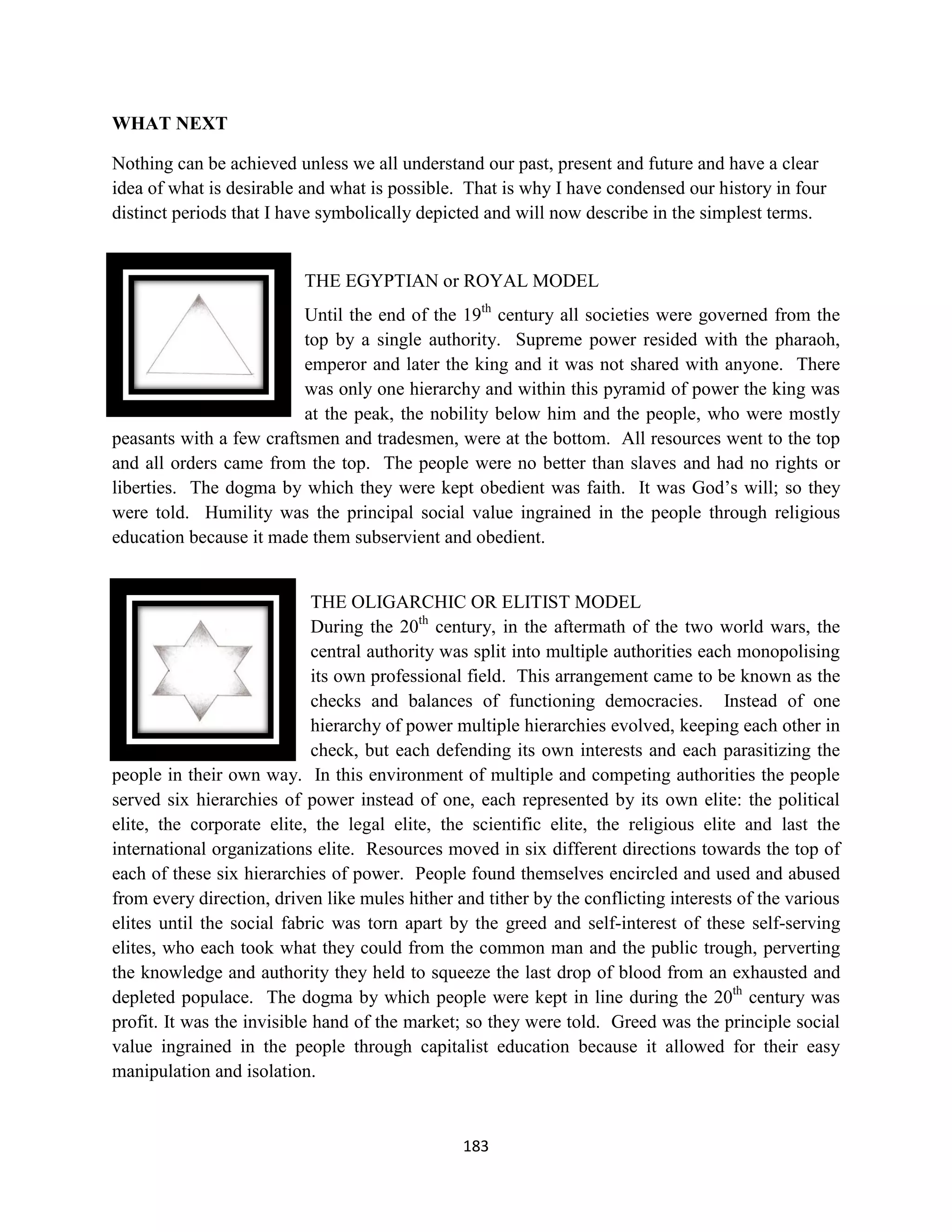 WHAT NEXT

Nothing can be achieved unless we all understand our past, present and future and have a clear
idea of what is desirable and what is possible. That is why I have condensed our history in four
distinct periods that I have symbolically depicted and will now describe in the simplest terms.


                          THE EGYPTIAN or ROYAL MODEL
                          Until the end of the 19th century all societies were governed from the
                          top by a single authority. Supreme power resided with the pharaoh,
                          emperor and later the king and it was not shared with anyone. There
                          was only one hierarchy and within this pyramid of power the king was
                          at the peak, the nobility below him and the people, who were mostly
peasants with a few craftsmen and tradesmen, were at the bottom. All resources went to the top
and all orders came from the top. The people were no better than slaves and had no rights or
liberties. The dogma by which they were kept obedient was faith. It was God’s will; so they
were told. Humility was the principal social value ingrained in the people through religious
education because it made them subservient and obedient.


                             THE OLIGARCHIC OR ELITIST MODEL
                             During the 20th century, in the aftermath of the two world wars, the
                             central authority was split into multiple authorities each monopolising
                             its own professional field. This arrangement came to be known as the
                             checks and balances of functioning democracies. Instead of one
                             hierarchy of power multiple hierarchies evolved, keeping each other in
                             check, but each defending its own interests and each parasitizing the
people in their own way. In this environment of multiple and competing authorities the people
served six hierarchies of power instead of one, each represented by its own elite: the political
elite, the corporate elite, the legal elite, the scientific elite, the religious elite and last the
international organizations elite. Resources moved in six different directions towards the top of
each of these six hierarchies of power. People found themselves encircled and used and abused
from every direction, driven like mules hither and tither by the conflicting interests of the various
elites until the social fabric was torn apart by the greed and self-interest of these self-serving
elites, who each took what they could from the common man and the public trough, perverting
the knowledge and authority they held to squeeze the last drop of blood from an exhausted and
depleted populace. The dogma by which people were kept in line during the 20th century was
profit. It was the invisible hand of the market; so they were told. Greed was the principle social
value ingrained in the people through capitalist education because it allowed for their easy
manipulation and isolation.


                                                183
 