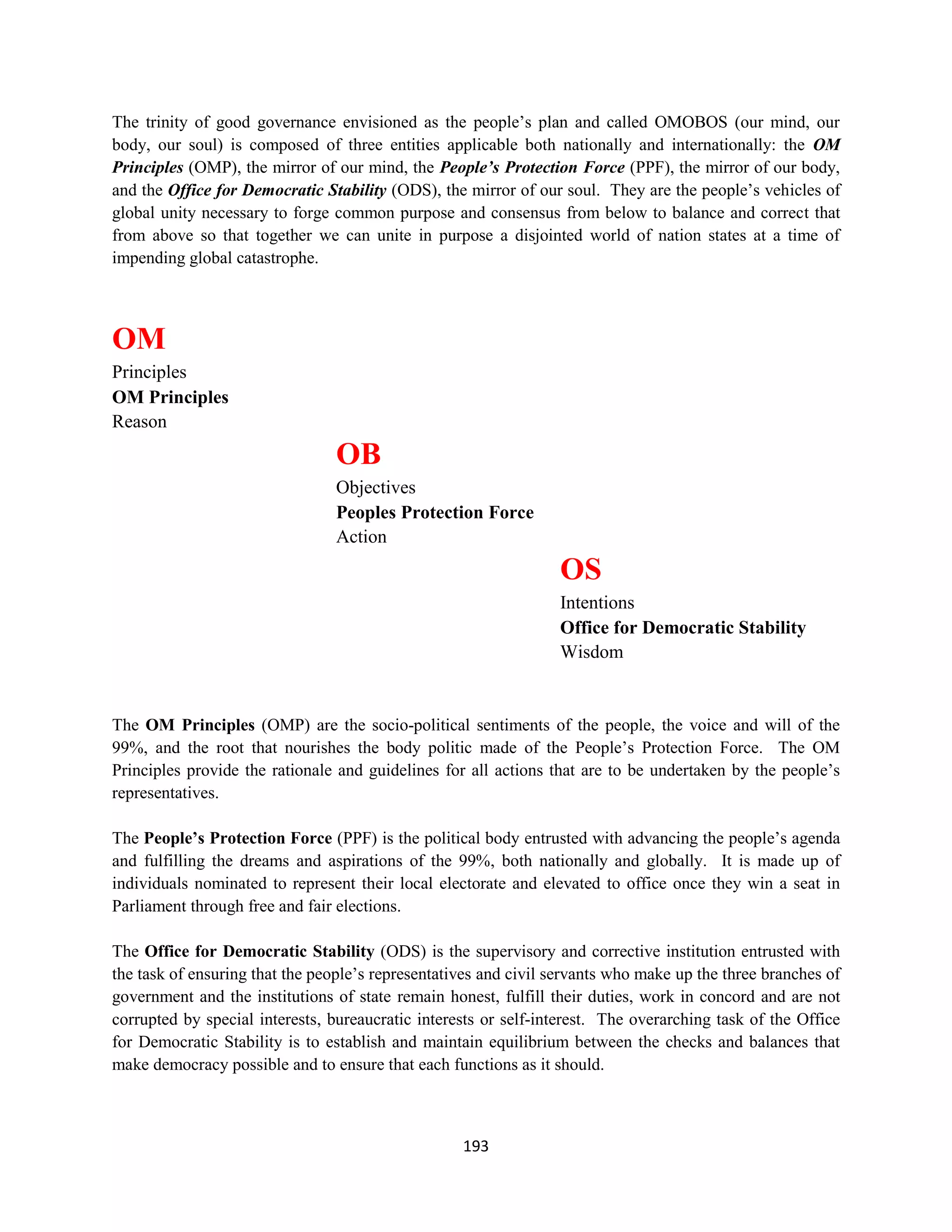 The trinity of good governance envisioned as the people’s plan and called OMOBOS (our mind, our
body, our soul) is composed of three entities applicable both nationally and internationally: the OM
Principles (OMP), the mirror of our mind, the People’s Protection Force (PPF), the mirror of our body,
and the Office for Democratic Stability (ODS), the mirror of our soul. They are the people’s vehicles of
global unity necessary to forge common purpose and consensus from below to balance and correct that
from above so that together we can unite in purpose a disjointed world of nation states at a time of
impending global catastrophe.



OM
Principles
OM Principles
Reason
                                OB
                                Objectives
                                Peoples Protection Force
                                Action
                                                                 OS
                                                                 Intentions
                                                                 Office for Democratic Stability
                                                                 Wisdom


The OM Principles (OMP) are the socio-political sentiments of the people, the voice and will of the
99%, and the root that nourishes the body politic made of the People’s Protection Force. The OM
Principles provide the rationale and guidelines for all actions that are to be undertaken by the people’s
representatives.

The People’s Protection Force (PPF) is the political body entrusted with advancing the people’s agenda
and fulfilling the dreams and aspirations of the 99%, both nationally and globally. It is made up of
individuals nominated to represent their local electorate and elevated to office once they win a seat in
Parliament through free and fair elections.

The Office for Democratic Stability (ODS) is the supervisory and corrective institution entrusted with
the task of ensuring that the people’s representatives and civil servants who make up the three branches of
government and the institutions of state remain honest, fulfill their duties, work in concord and are not
corrupted by special interests, bureaucratic interests or self-interest. The overarching task of the Office
for Democratic Stability is to establish and maintain equilibrium between the checks and balances that
make democracy possible and to ensure that each functions as it should.



                                                   193
 