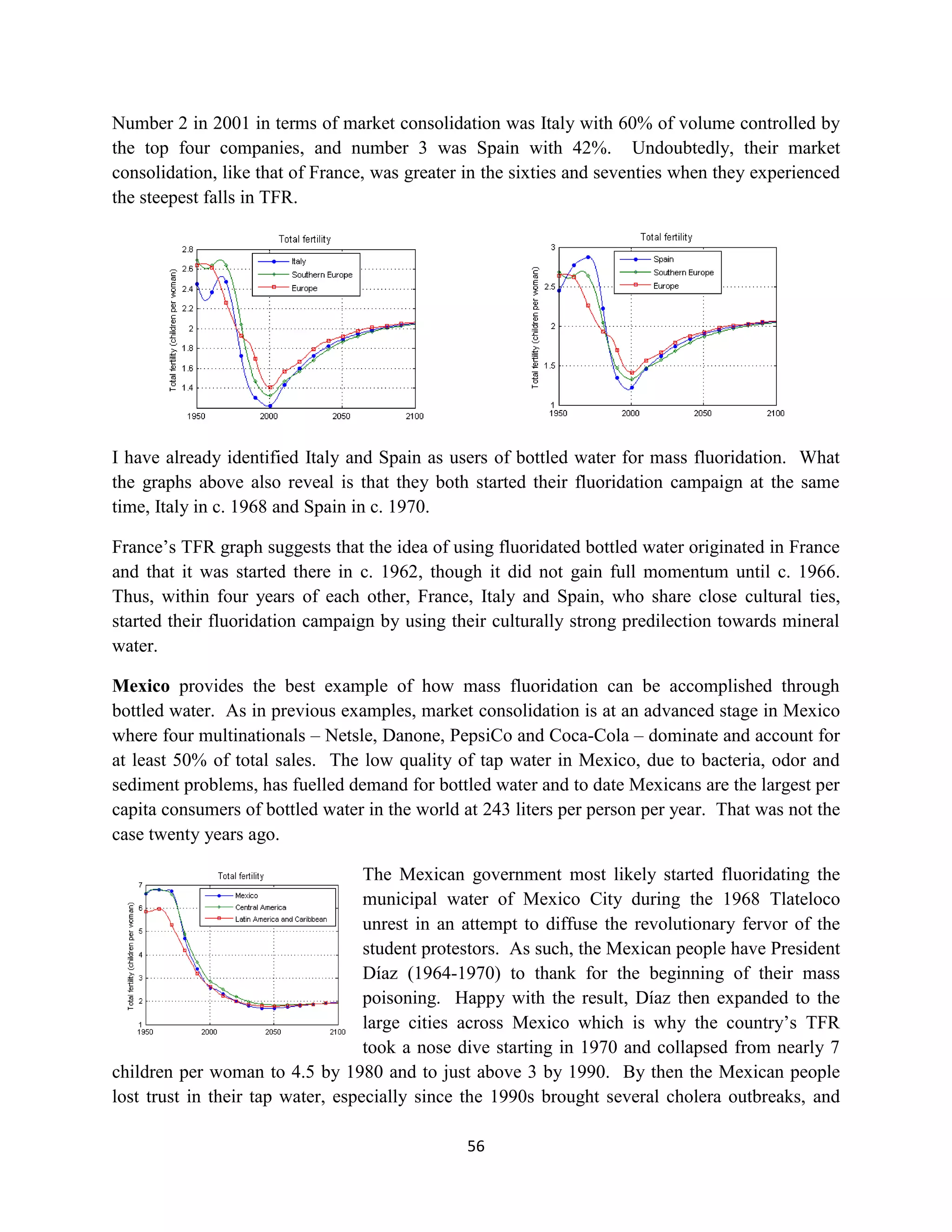 Number 2 in 2001 in terms of market consolidation was Italy with 60% of volume controlled by
the top four companies, and number 3 was Spain with 42%. Undoubtedly, their market
consolidation, like that of France, was greater in the sixties and seventies when they experienced
the steepest falls in TFR.




I have already identified Italy and Spain as users of bottled water for mass fluoridation. What
the graphs above also reveal is that they both started their fluoridation campaign at the same
time, Italy in c. 1968 and Spain in c. 1970.

France’s TFR graph suggests that the idea of using fluoridated bottled water originated in France
and that it was started there in c. 1962, though it did not gain full momentum until c. 1966.
Thus, within four years of each other, France, Italy and Spain, who share close cultural ties,
started their fluoridation campaign by using their culturally strong predilection towards mineral
water.

Mexico provides the best example of how mass fluoridation can be accomplished through
bottled water. As in previous examples, market consolidation is at an advanced stage in Mexico
where four multinationals – Netsle, Danone, PepsiCo and Coca-Cola – dominate and account for
at least 50% of total sales. The low quality of tap water in Mexico, due to bacteria, odor and
sediment problems, has fuelled demand for bottled water and to date Mexicans are the largest per
capita consumers of bottled water in the world at 243 liters per person per year. That was not the
case twenty years ago.

                                   The Mexican government most likely started fluoridating the
                                   municipal water of Mexico City during the 1968 Tlateloco
                                   unrest in an attempt to diffuse the revolutionary fervor of the
                                   student protestors. As such, the Mexican people have President
                                   Díaz (1964-1970) to thank for the beginning of their mass
                                   poisoning. Happy with the result, Díaz then expanded to the
                                   large cities across Mexico which is why the country’s TFR
                                   took a nose dive starting in 1970 and collapsed from nearly 7
children per woman to 4.5 by 1980 and to just above 3 by 1990. By then the Mexican people
lost trust in their tap water, especially since the 1990s brought several cholera outbreaks, and

                                               56
 