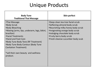 Unique Products
Body Tune
Traditional Thai Massage
Skin perfect
•Thai Massage
•Body Scrub
•Body Bleaching
•Waxing (arms, lips, underarm, legs, bikini,
brazilian)
•Facial Treatments
•Hand and Foot Care
•Body Tune Body Tone (RF Treatment)
•Body Tune Body Contour (Body Tune
Cavitation Treatment)
*sell their own beauty and wellness
product.
•Deep clean tea tree facial scrub
•Softening almond body scrub
•Nourishing milky honey body scrub
•Invigorating orange body scrub
•Indulging chocolate body scrub
•Fruity berry body scrub
•Fresh-cleanse cucumber body scub
 