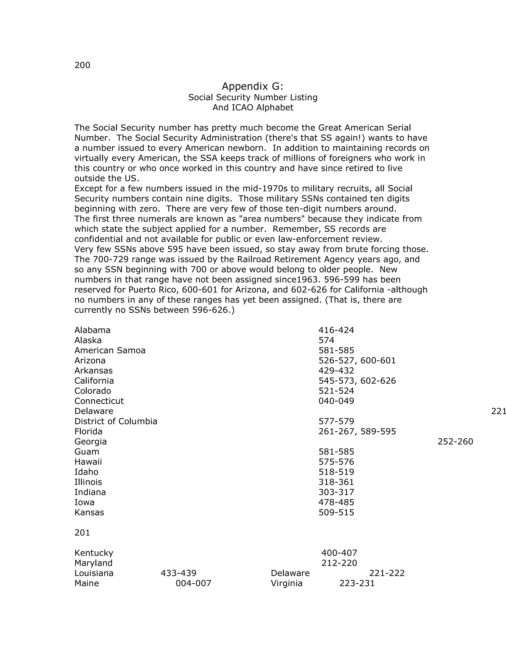 200
Appendix G:
Social Security Number Listing
And ICAO Alphabet
The Social Security number has pretty much become the Great American Serial
Number. The Social Security Administration (there's that SS again!) wants to have
a number issued to every American newborn. In addition to maintaining records on
virtually every American, the SSA keeps track of millions of foreigners who work in
this country or who once worked in this country and have since retired to live
outside the US.
Except for a few numbers issued in the mid-1970s to military recruits, all Social
Security numbers contain nine digits. Those military SSNs contained ten digits
beginning with zero. There are very few of those ten-digit numbers around.
The first three numerals are known as "area numbers" because they indicate from
which state the subject applied for a number. Remember, SS records are
confidential and not available for public or even law-enforcement review.
Very few SSNs above 595 have been issued, so stay away from brute forcing those.
The 700-729 range was issued by the Railroad Retirement Agency years ago, and
so any SSN beginning with 700 or above would belong to older people. New
numbers in that range have not been assigned since1963. 596-599 has been
reserved for Puerto Rico, 600-601 for Arizona, and 602-626 for California -although
no numbers in any of these ranges has yet been assigned. (That is, there are
currently no SSNs between 596-626.)
Alabama 416-424
Alaska 574
American Samoa 581-585
Arizona 526-527, 600-601
Arkansas 429-432
California 545-573, 602-626
Colorado 521-524
Connecticut 040-049
Delaware 221
District of Columbia 577-579
Florida 261-267, 589-595
Georgia 252-260
Guam 581-585
Hawaii 575-576
Idaho 518-519
Illinois 318-361
Indiana 303-317
Iowa 478-485
Kansas 509-515
201
Kentucky 400-407
Maryland 212-220
Louisiana 433-439 Delaware 221-222
Maine 004-007 Virginia 223-231
 