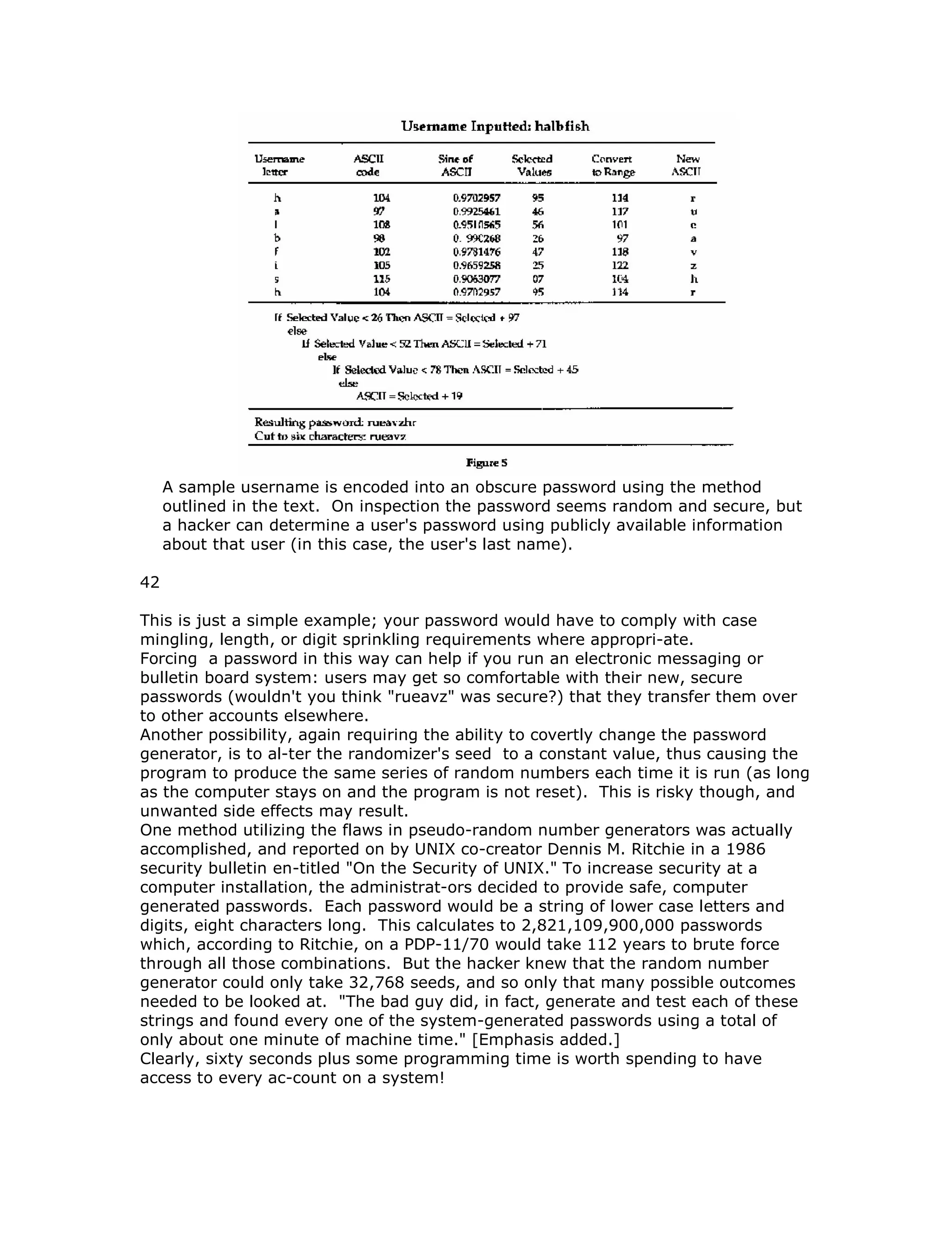 A sample username is encoded into an obscure password using the method
outlined in the text. On inspection the password seems random and secure, but
a hacker can determine a user's password using publicly available information
about that user (in this case, the user's last name).
42
This is just a simple example; your password would have to comply with case
mingling, length, or digit sprinkling requirements where appropri-ate.
Forcing a password in this way can help if you run an electronic messaging or
bulletin board system: users may get so comfortable with their new, secure
passwords (wouldn't you think "rueavz" was secure?) that they transfer them over
to other accounts elsewhere.
Another possibility, again requiring the ability to covertly change the password
generator, is to al-ter the randomizer's seed to a constant value, thus causing the
program to produce the same series of random numbers each time it is run (as long
as the computer stays on and the program is not reset). This is risky though, and
unwanted side effects may result.
One method utilizing the flaws in pseudo-random number generators was actually
accomplished, and reported on by UNIX co-creator Dennis M. Ritchie in a 1986
security bulletin en-titled "On the Security of UNIX." To increase security at a
computer installation, the administrat-ors decided to provide safe, computer
generated passwords. Each password would be a string of lower case letters and
digits, eight characters long. This calculates to 2,821,109,900,000 passwords
which, according to Ritchie, on a PDP-11/70 would take 112 years to brute force
through all those combinations. But the hacker knew that the random number
generator could only take 32,768 seeds, and so only that many possible outcomes
needed to be looked at. "The bad guy did, in fact, generate and test each of these
strings and found every one of the system-generated passwords using a total of
only about one minute of machine time." [Emphasis added.]
Clearly, sixty seconds plus some programming time is worth spending to have
access to every ac-count on a system!
 