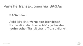 #WISSENTEILEN
Verteilte Transaktionen via SAGAs
SAGA Idee:
Abbilden einer verteilten fachlichen
Transaktion durch eine Abfolge lokaler
technischer Transitionen / Transaktionen
 