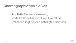 #WISSENTEILEN
Choreographie von SAGAs
• implizite Sequenzsteuerung
• verteilte Koordination durch Eventfluss
• „Wissen“ liegt bei den beteiligten Services
 