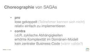 #WISSENTEILEN
Choreographie von SAGAs
• pro
lose gekoppelt (Teilnehmer kennen sich nicht)
relativ einfach zu implementieren
• contra
i.d.R. zyklische Abhängigkeiten
erhöhte Komplexität im Domänen-Modell
kein zentraler Business-Code (wann valide?)
 