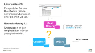 #WISSENTEILEN
Cust
Orders
Orders
Customer
Lösungsidee #2:
Ein spezieller Service
CustOrders hält die
gewünschte Übersicht in
einer eigenen DB vor.*
Herausforderung #2:
Änderungen an den
Originaldaten müssen
propagiert werden.
?
* Database-per-Service Pattern
Data change
benötigte Daten von
Customer & Order
 