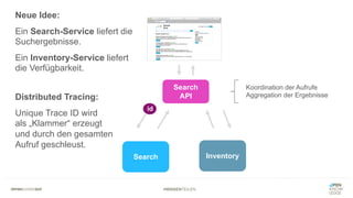 #WISSENTEILEN
Search Inventory
Search
API
Koordination der Aufrufe
Aggregation der Ergebnisse
Neue Idee:
Ein Search-Service liefert die
Suchergebnisse.
Ein Inventory-Service liefert
die Verfügbarkeit.
Distributed Tracing:
Unique Trace ID wird
als „Klammer“ erzeugt
und durch den gesamten
Aufruf geschleust.
id
 