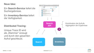 #WISSENTEILEN
Search Inventory
Search
API
Koordination der Aufrufe
Aggregation der Ergebnisse
Neue Idee:
Ein Search-Service liefert die
Suchergebnisse.
Ein Inventory-Service liefert
die Verfügbarkeit.
Distributed Tracing:
Unique Trace ID wird
als „Klammer“ erzeugt
und durch den gesamten
Aufruf geschleust.
id
 