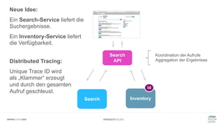 #WISSENTEILEN
Search Inventory
Search
API
Koordination der Aufrufe
Aggregation der Ergebnisse
Neue Idee:
Ein Search-Service liefert die
Suchergebnisse.
Ein Inventory-Service liefert
die Verfügbarkeit.
Distributed Tracing:
Unique Trace ID wird
als „Klammer“ erzeugt
und durch den gesamten
Aufruf geschleust.
id
 