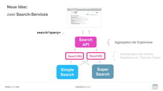 #WISSENTEILEN
Simple
Search
Super
Search
search?query= …
Search
API
Aggregation der Ergebnisse
Koordination der Aufrufe
Resilience im “Fall des Falles“Search MQ Result MQ
Neue Idee:
zwei Search-Services
 