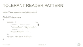 #WISSENTEILEN
TOLERANT READER PATTERN
http://www.example.com/addresses/42
Attribut-Umbenennung
{
street: {
"name": "Poststraße",
"streetName": "Poststraße",
"number": "1",
"houseNumber": "1",
},
"city": "26122 Oldenburg"
}
 
