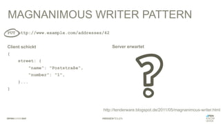 #WISSENTEILEN
PUT http://www.example.com/addresses/42
Client schickt
{
street: {
"name": "Poststraße",
"number": "1",
}...
}
MAGNANIMOUS WRITER PATTERN
Server erwartet
http://tenderware.blogspot.de/2011/05/magnanimous-writer.html
 