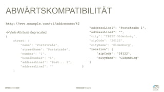 #WISSENTEILEN
ABWÄRTSKOMPATIBILITÄT
{
street: {
"name": "Poststraße",
"streetName": "Poststraße",
"number": "1",
"houseNumber": "1",
"addressLine1": "Post... 1",
"addressLine2": ""
}
"addressLine1": "Poststraße 1",
"addressLine2": "",
"city": "26122 Oldenburg",
"zipCode": "26122",
"cityName": "Oldenburg",
"location": {
"zipCode": "26122",
"cityName": "Oldenburg"
}
}
http://www.example.com/v1/addresses/42
àViele Attribute deprecated
 