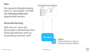 #WISSENTEILEN
Checkout
Orders
Preferred Delivery Address
Preferred Payment Method
Idee:
Der gesamte Bestellvorgang
kann im „Normalfall“ mit Hilfe
des Checkout-Service
abgehandelt werden.
Herausforderung:
Aber was ist, wenn die
bevorzugte Lieferadresse bzw.
Zahlungsmethode nicht zur
Anwendung kommen soll?
 