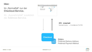 #WISSENTEILEN
Checkout
Idee:
Im „Normalfall“ nur der
Checkout-Service.
Im „Ausnahmefall“ zusätzlich
der Address-Service.
201 created
Location: …/orders/1234
Orders
Preferred Delivery Address
Preferred Payment Method
 
