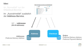#WISSENTEILEN
Address
Idee:
Im „Normalfall“ nur der
Checkout-Service.
Im „Ausnahmefall“ zusätzlich
der Address-Service.
Checkout
Orders
Preferred Delivery Address
Preferred Payment Method
Addresses
Preferred Delivery Address
GET …/addresses
(list all addresses)
 