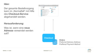 #WISSENTEILEN
Checkout
Orders
Preferred Delivery Address
Preffered Payment Method
Idee:
Der gesamte Bestellvorgang
kann im „Normalfall“ mit Hilfe
des Checkout-Service
abgehandelt werden.
Herausforderung:
Was ist, wenn eine neue
Adresse verwendet werden
soll?
 
